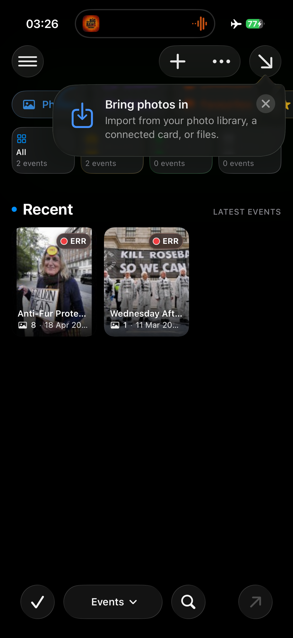 Dispatches events screen with a shoot ready to work