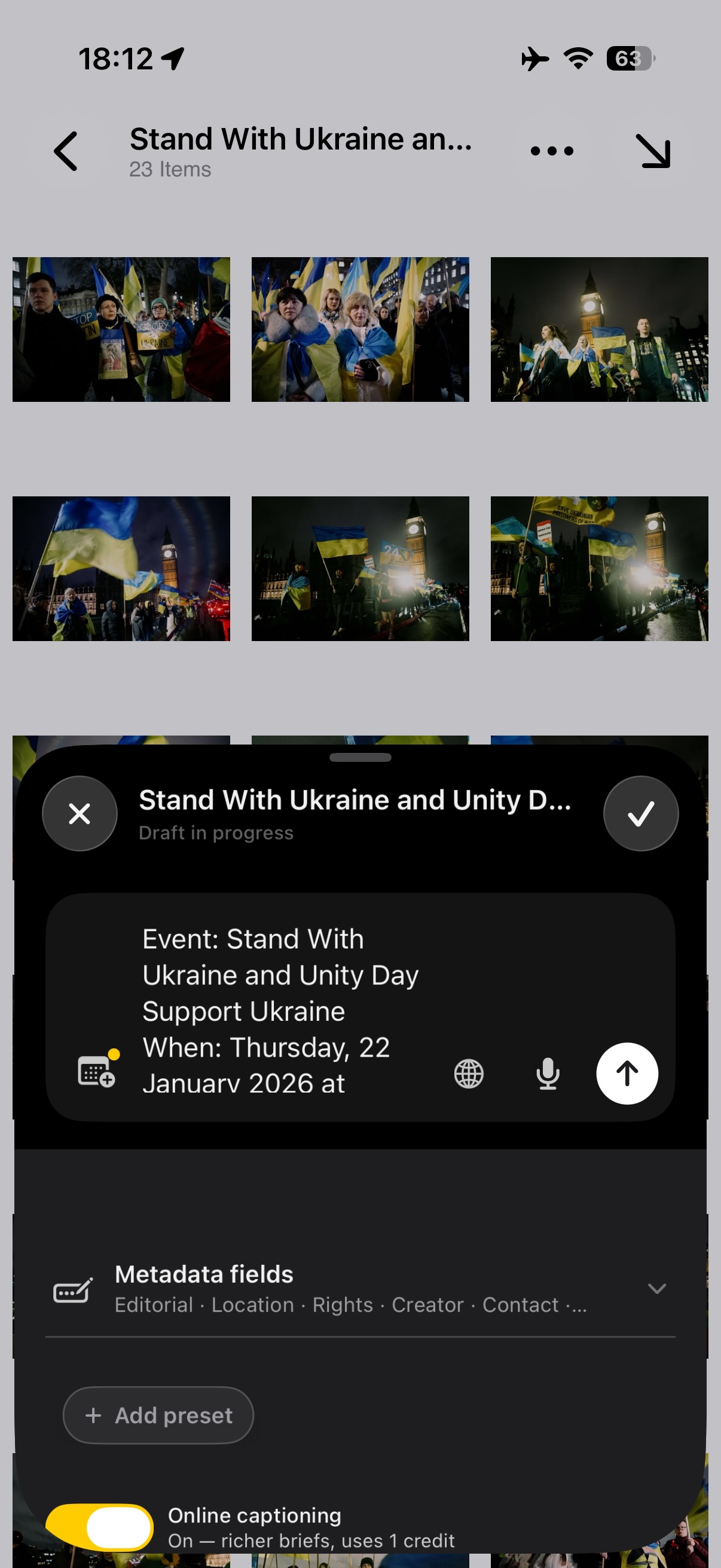 The event brief, with the online captioning toggle