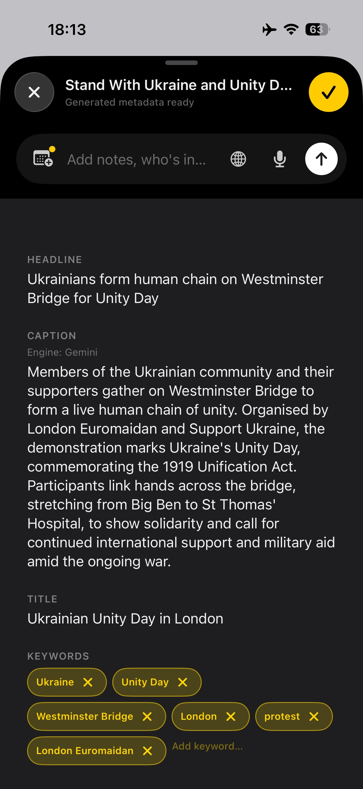 Generated headline, caption, title and keywords