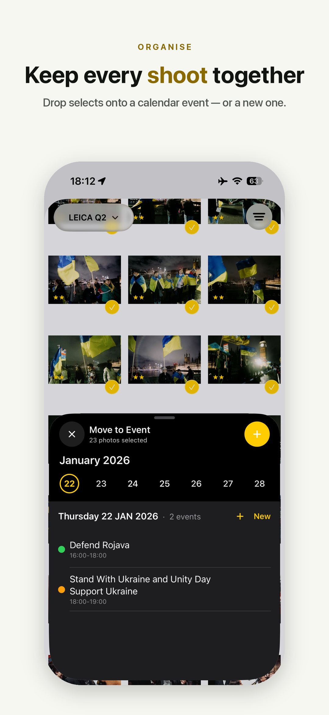 Dispatches — keep every shoot together: drop selects onto a calendar event, or a new one
